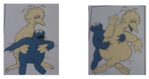 Two hand-drawn images. On the left, Big Bird tickles Cookie Monster. On the right, Cookie Monster tickles Big Bird.